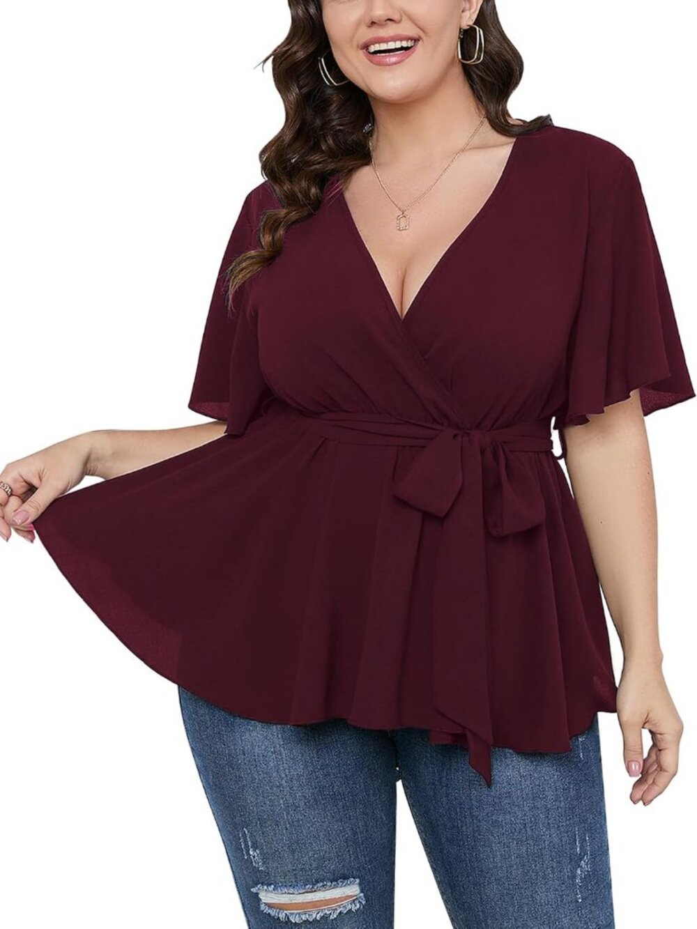 Women's Plus Size Short Sleeve Wrap Ruffle Peplum Blouse Tops